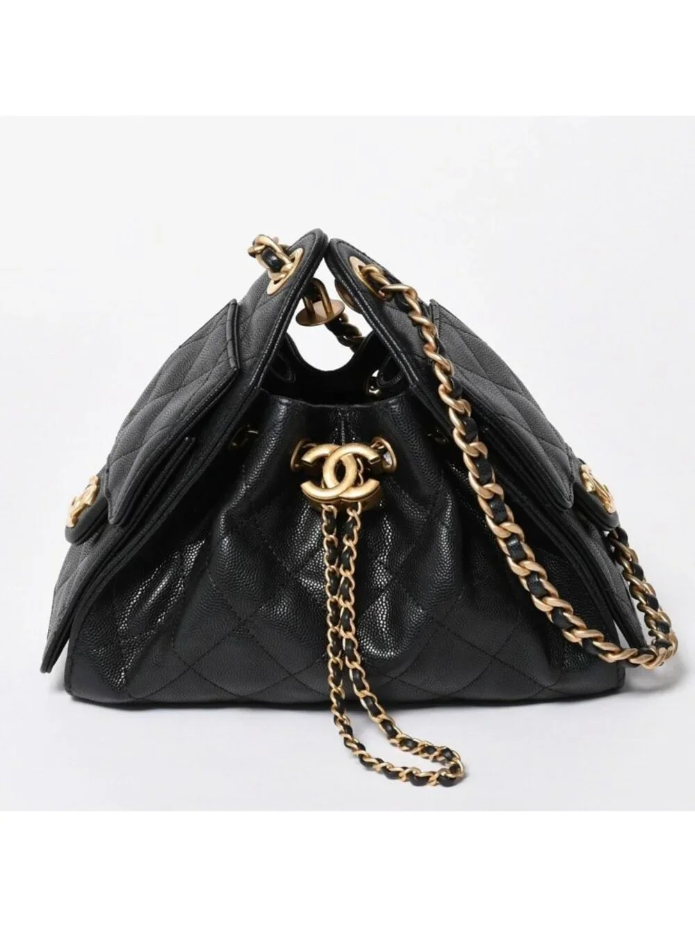 Chanel 25 Medium Chain Bag CC Logo Caviar Leather Black